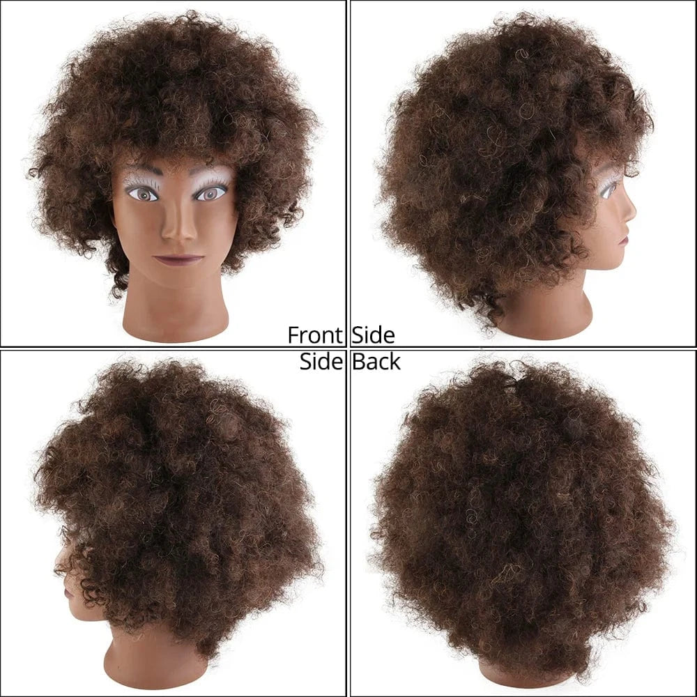 Dark Brown# / 8 Inches Professional 100% Human Hair Hairdressing Afro Training Head Barber Braiding Practice Mannequin Doll Head with Natural Hair
