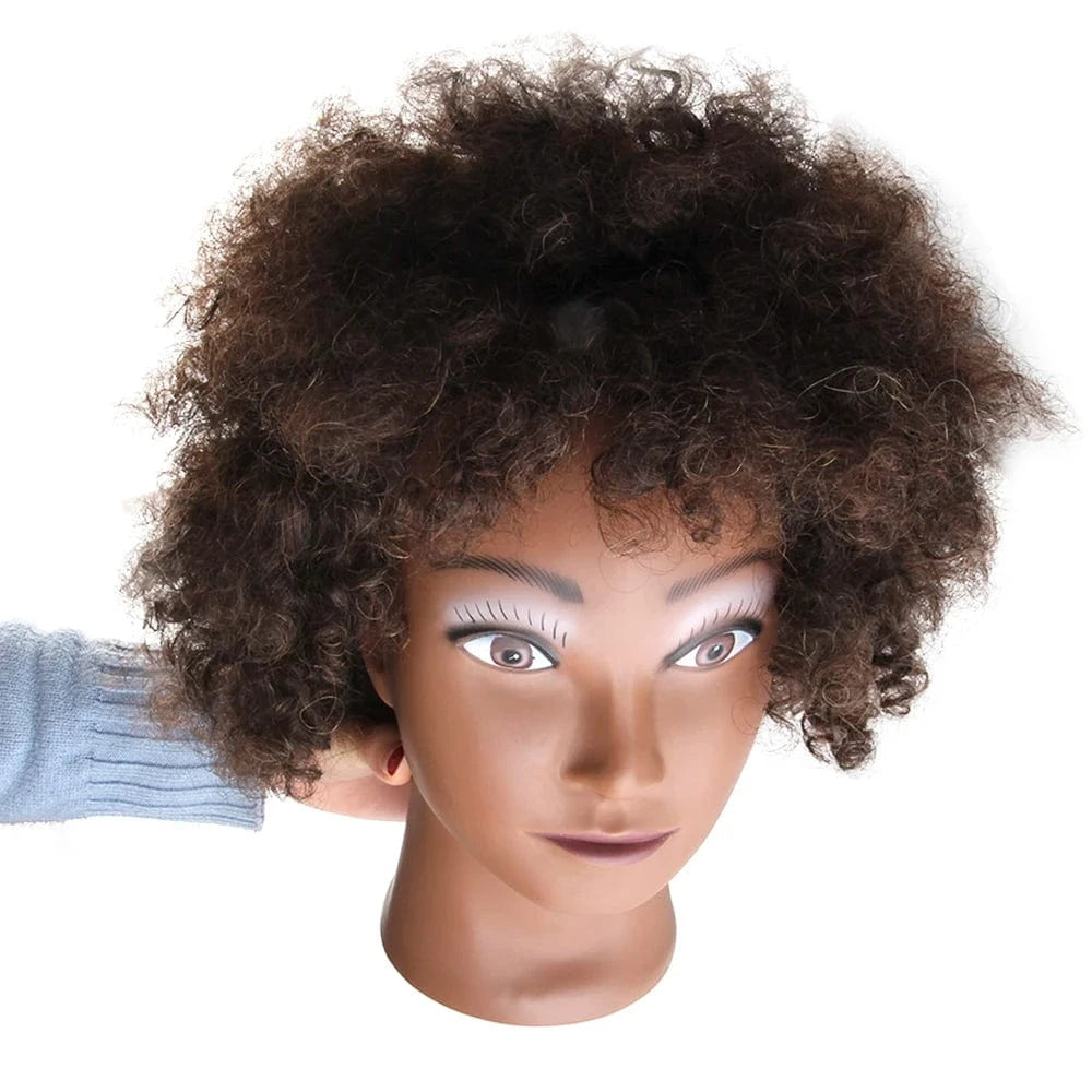 Dark Brown# / 8 Inches Professional 100% Human Hair Hairdressing Afro Training Head Barber Braiding Practice Mannequin Doll Head with Natural Hair