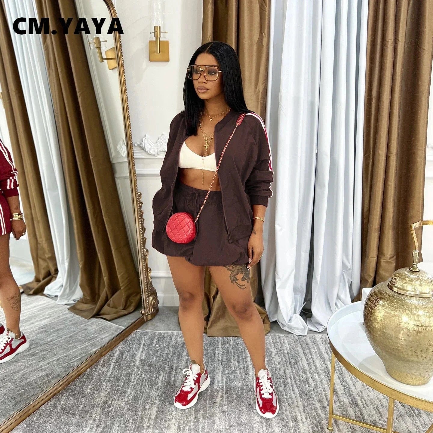 Dark Brown / L CM.YAYA Women Mini Skirts Set +Full Sleeve Striped Sweatshirt Two 2 Piece Set Outfits Fall Casual Street Night Club Cute Outfits