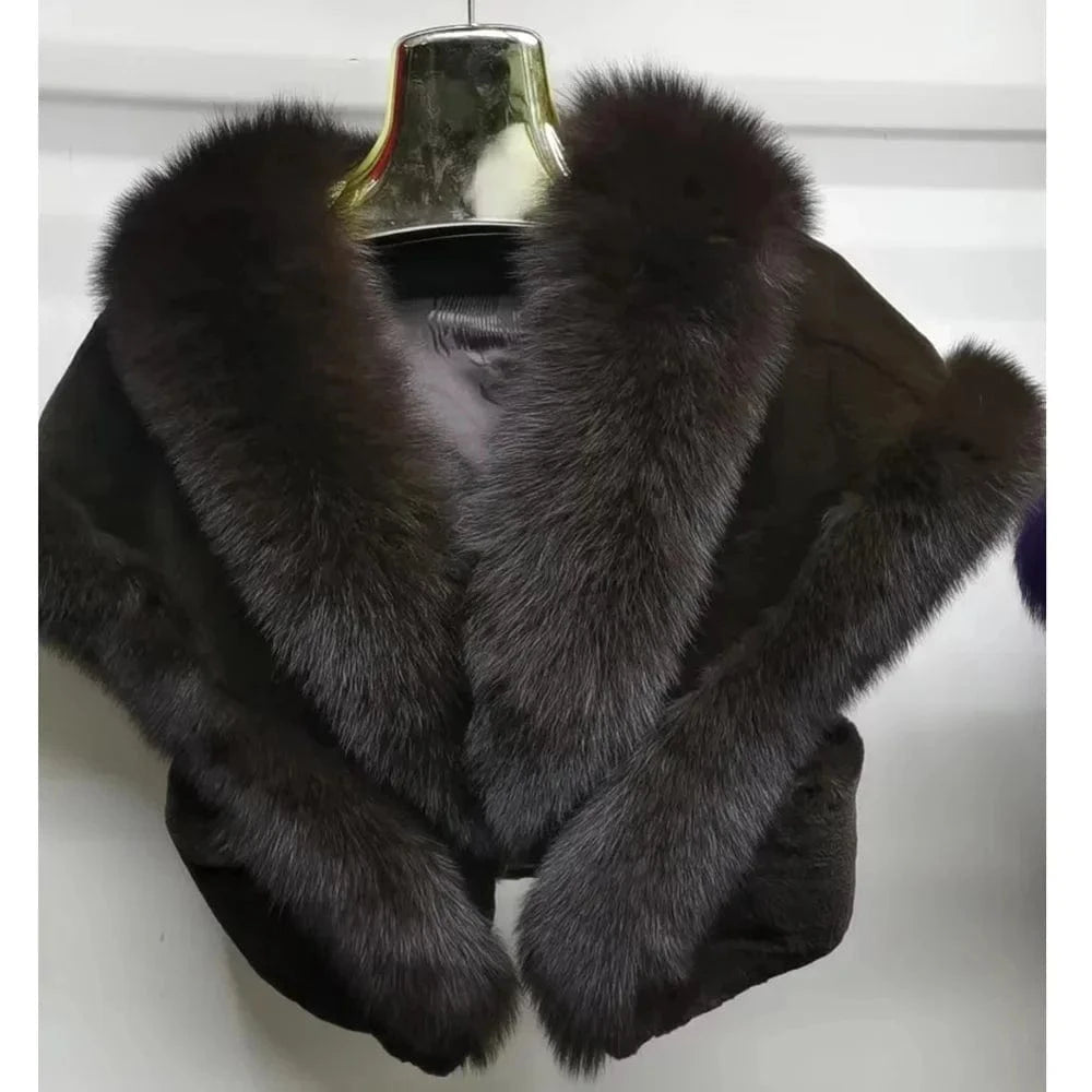 Dark brown MWfur Fur Coat Short Women Fashion Luxury Fox Fur Trimmed Rex Rabbit Cape for Women