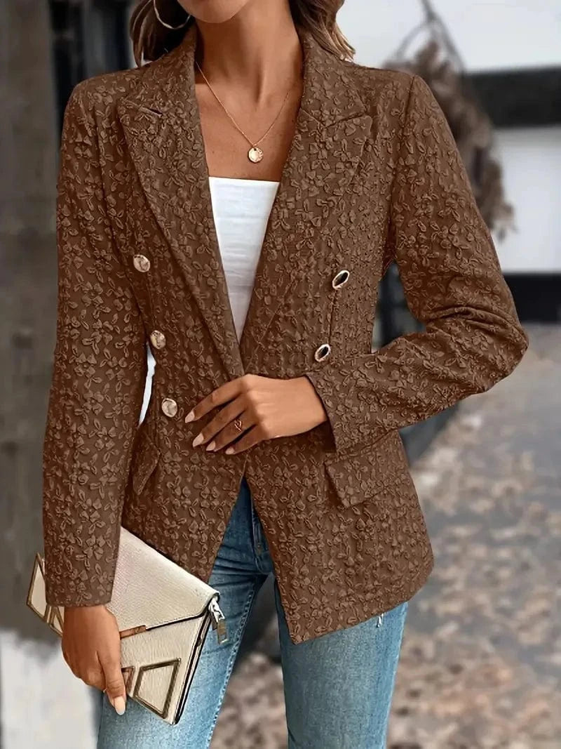 Dark Brown / S Women Fashion Blue Blazer Jacket 2024 New Office Lady Double Breasted Pockets Vintage Female Coat
