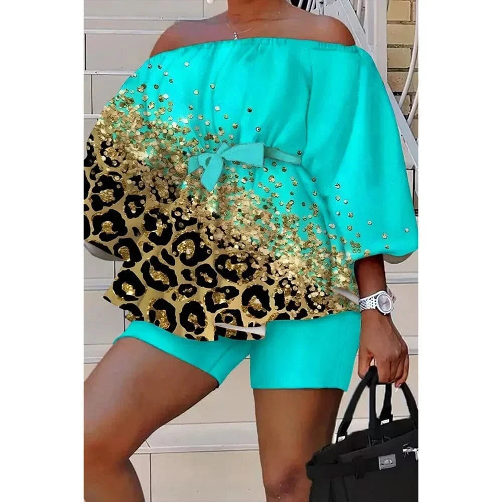 Dark Cyan / 3XL Plus Size Summer Vacation Tropical Print Off Shoulder Tops Belted Two Piece Short Set for Women
