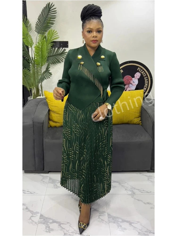 Dark Green / One Size EGRM Elegant Banquet Pleated A-line Dress Suit Collar Mid To Long Style Waist Cinching Slimming Women Folds Skirt 2025 New 6G598