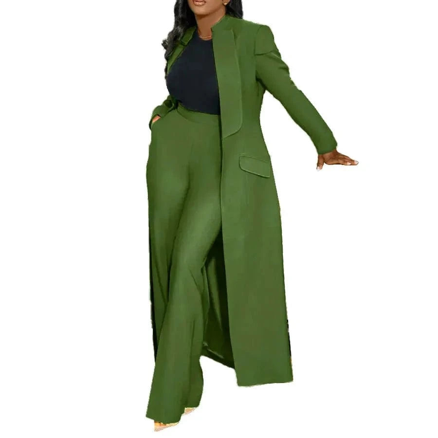 dark green / XXXL Women's Set Full Sleeve X-Long Blazer Coat+ Long Pant Suit 2025 Spring Streetwear Two 2 Piece Set Africa OL Work Outfits