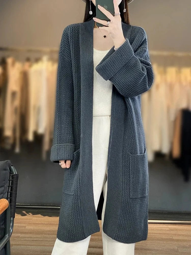 Dark Grey / M High Quality Women Cashmere Long Cardigan Autumn Winter Thick Casual Loose Style Sweater 100% Merino Wool Knitwear Korean Tops