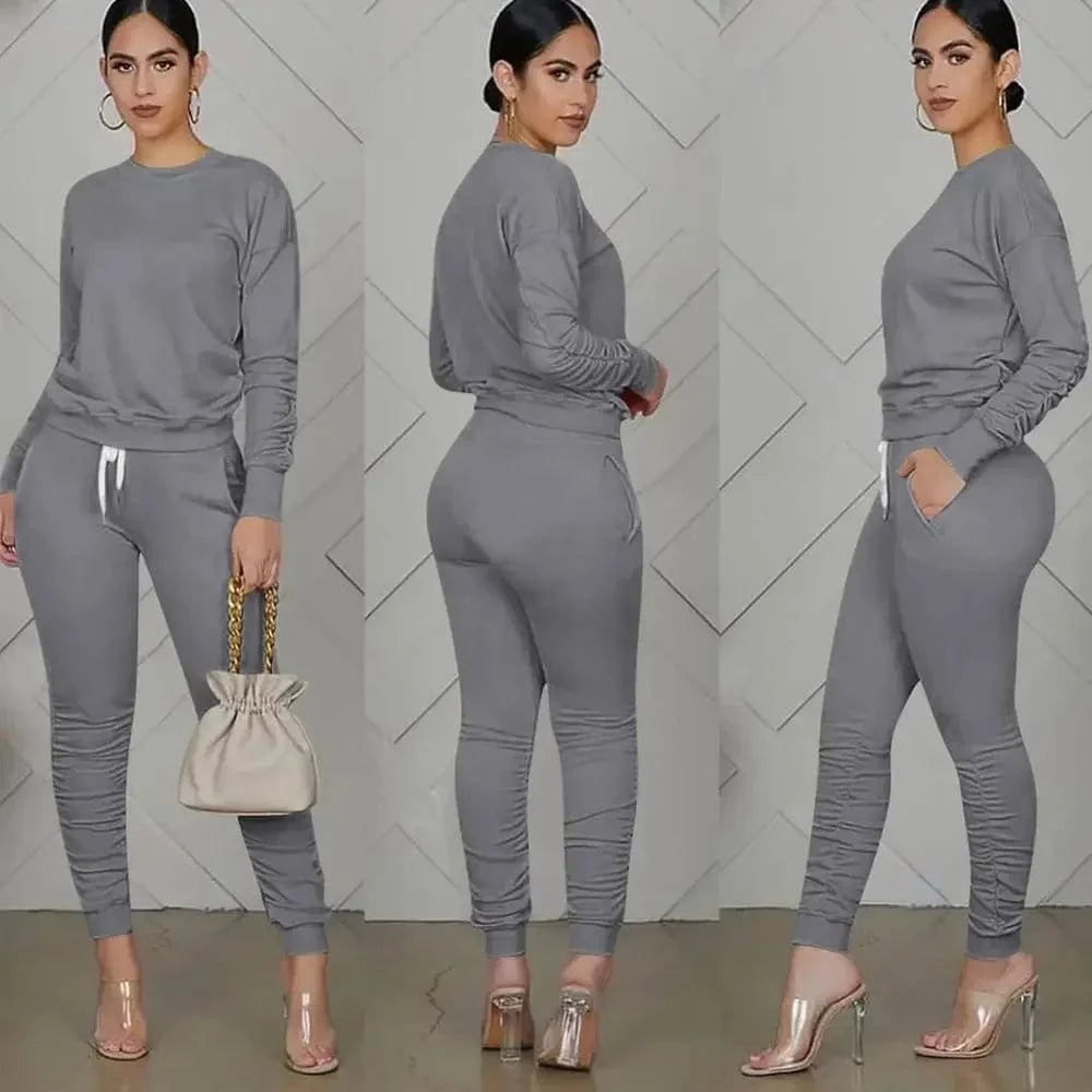 Dark Grey / XXL New round Neck Long Sleeve Slim Fit Warm Top Elastic Waistband Lace-up Trousers Simple Solid Color Sports Two-Piece Set