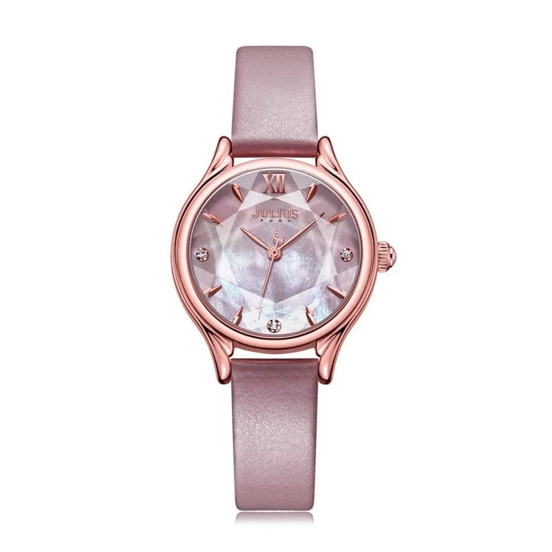 Dark Pink Mother-of-pearl Women's Watch Japan Quartz Elegant Fashion Hour Bracelet Real Leather Clock Girl's Birthday Gift Julius Box