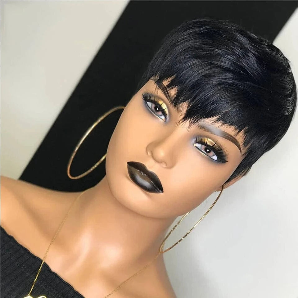 Dark Red Pixie Cut Wig 1B/99J Human Hair Short Bob Wig With Bang Brazilian None Lace Wigs For Women Full Machine Human Hair Wig