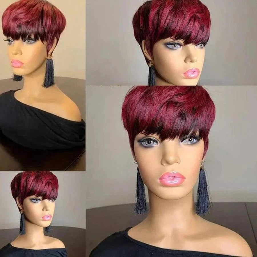 Dark Red Pixie Cut Wig 1B/99J Human Hair Short Bob Wig With Bang Brazilian None Lace Wigs For Women Full Machine Human Hair Wig