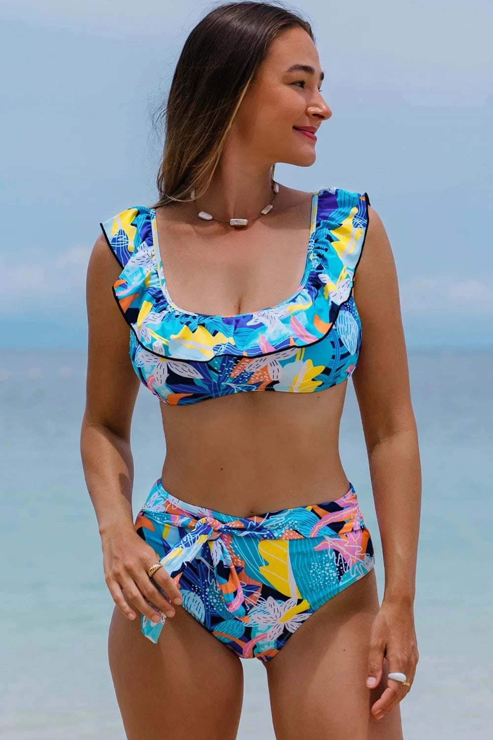 Dear-Lover 2024 Women Green Tropical Print Ruffled Square Neck Tie High Waist Swimsuit