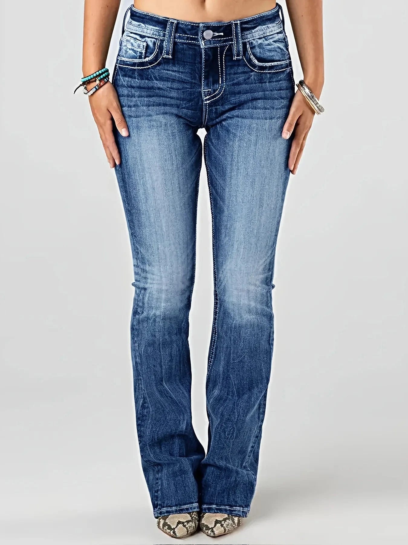 DEEP BLUE / L Women Embroidery Pockets Distressed Jeans Mid Waist Stretch Slim Fit Pants Vintage Denim Trousers Autumn Female Streetwear