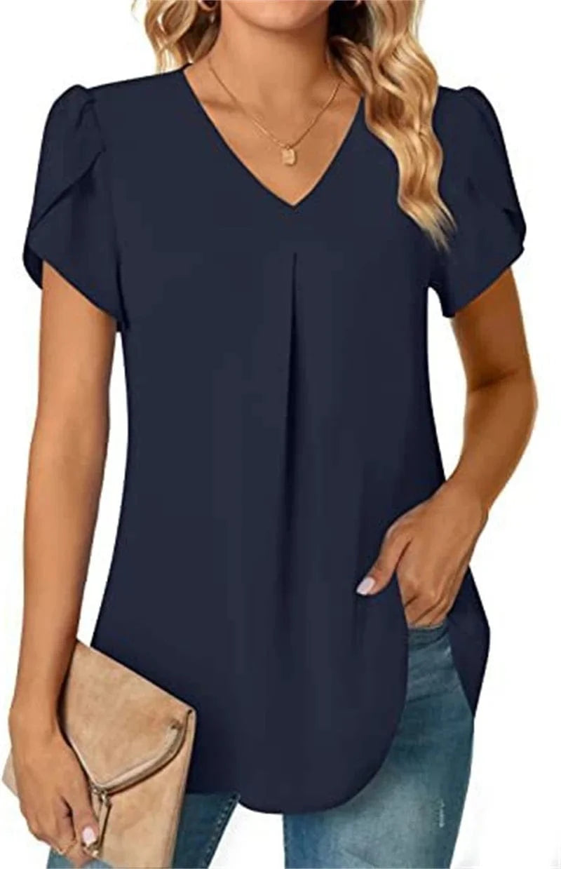 DEEP BLUE / M Sexy V Neck Ruffle Short Sleeve Blouse Shirts Summer Women V Neck Solid Color Loose OL Workout Blouse Tops