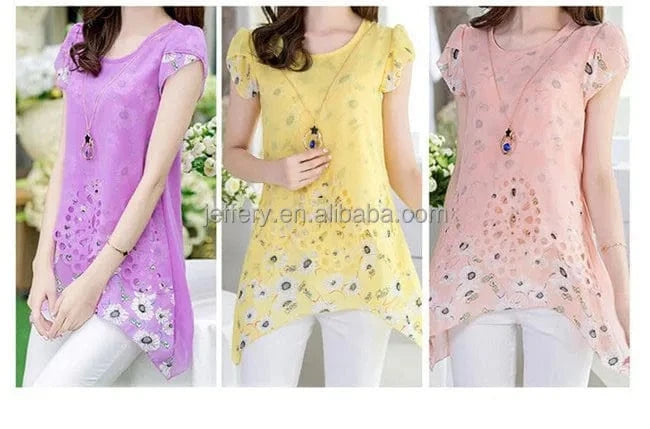default Latest short sleeve shirt floral printed chiffon long shirts blouse designs loose tops A778
