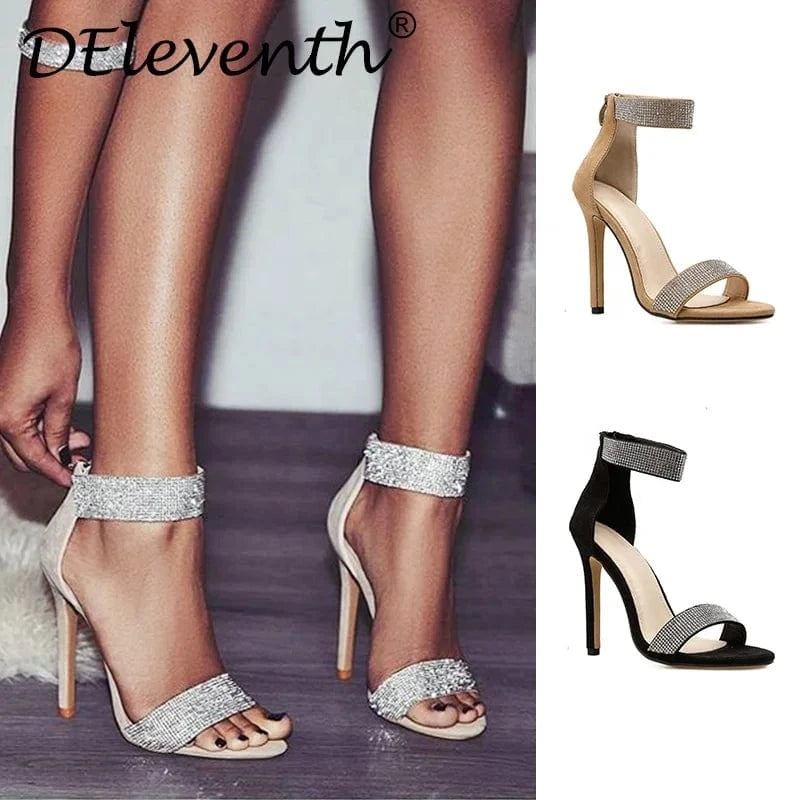 Deleventh shoes 101977  Wholesale Ladies Dress Shoes Zipper heeled Sandals High Heels Party Shoes Black Apricot Rhinestone heels