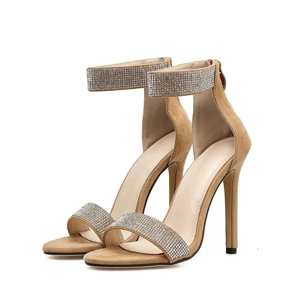 Deleventh shoes 101977  Wholesale Ladies Dress Shoes Zipper heeled Sandals High Heels Party Shoes Black Apricot Rhinestone heels