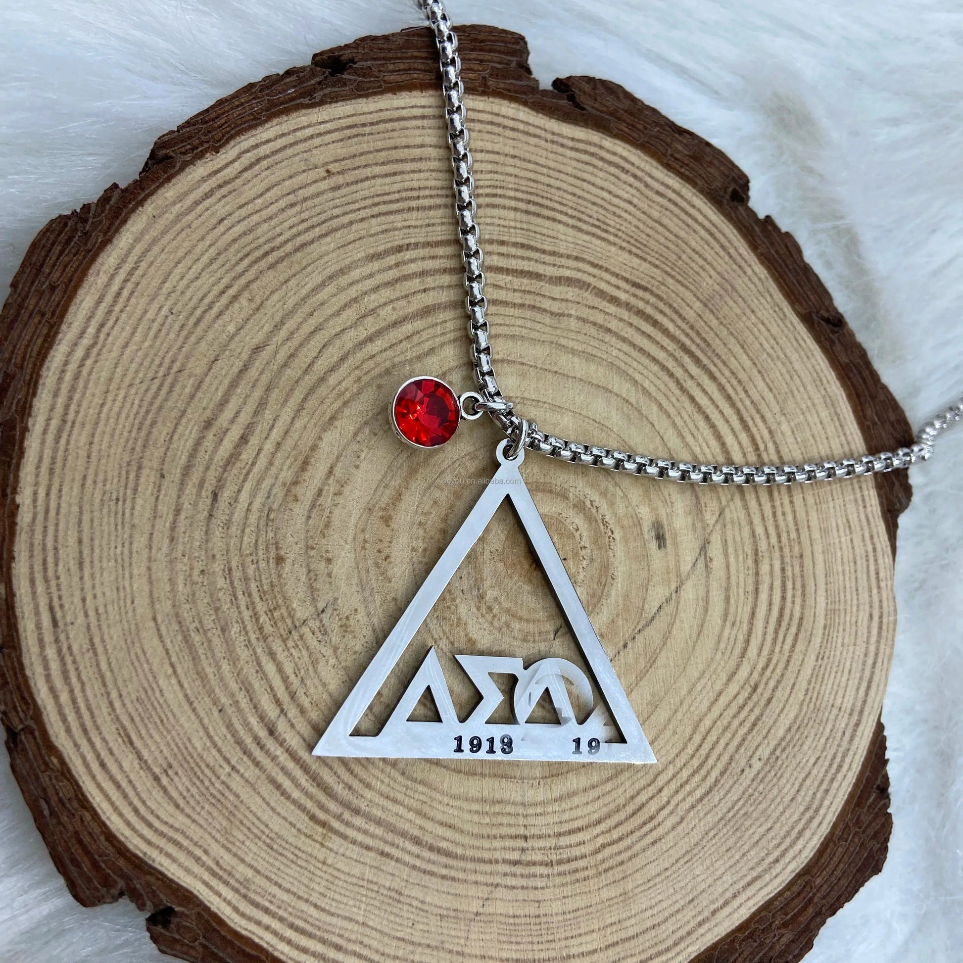 Delta Sigma Theta Stainless Pyramid Red Rhinestones Titanium Steel Square Pearl Necklace DST Jewelry for Sorority Girls