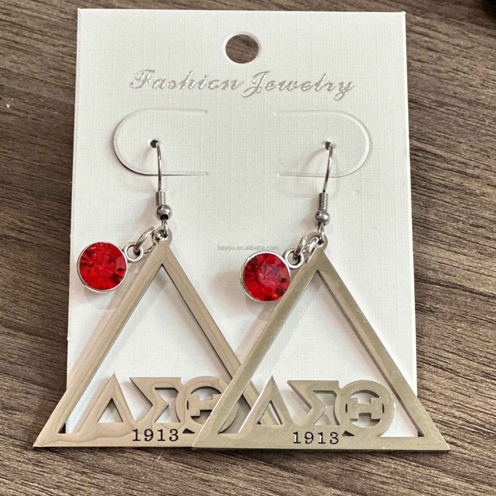 Delta Sigma Theta Stainless Pyramid Red Rhinestones Titanium Steel Square Pearl Necklace DST Jewelry for Sorority Girls