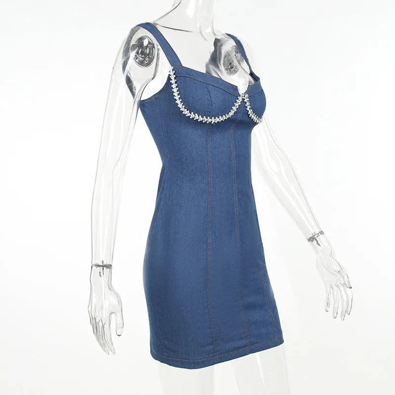 Denim Night Club Birthday Dresses Luxury 2024 Sleeveless Deep V Mini Bodycon Dress Sexy Party Wears