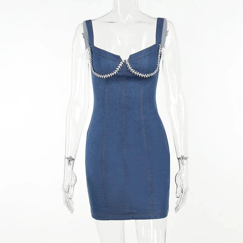 Denim Night Club Birthday Dresses Luxury 2024 Sleeveless Deep V Mini Bodycon Dress Sexy Party Wears