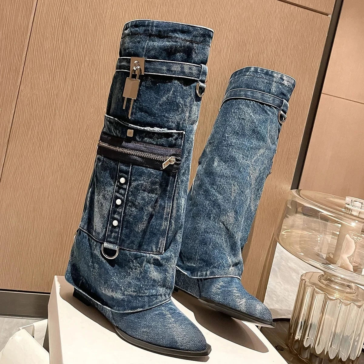 Denim Overlay Knee High Pockets Pants Boots Women Wedge Heels Shoes Folded Over Upper Pointed toe Metal Shark Lock Booties