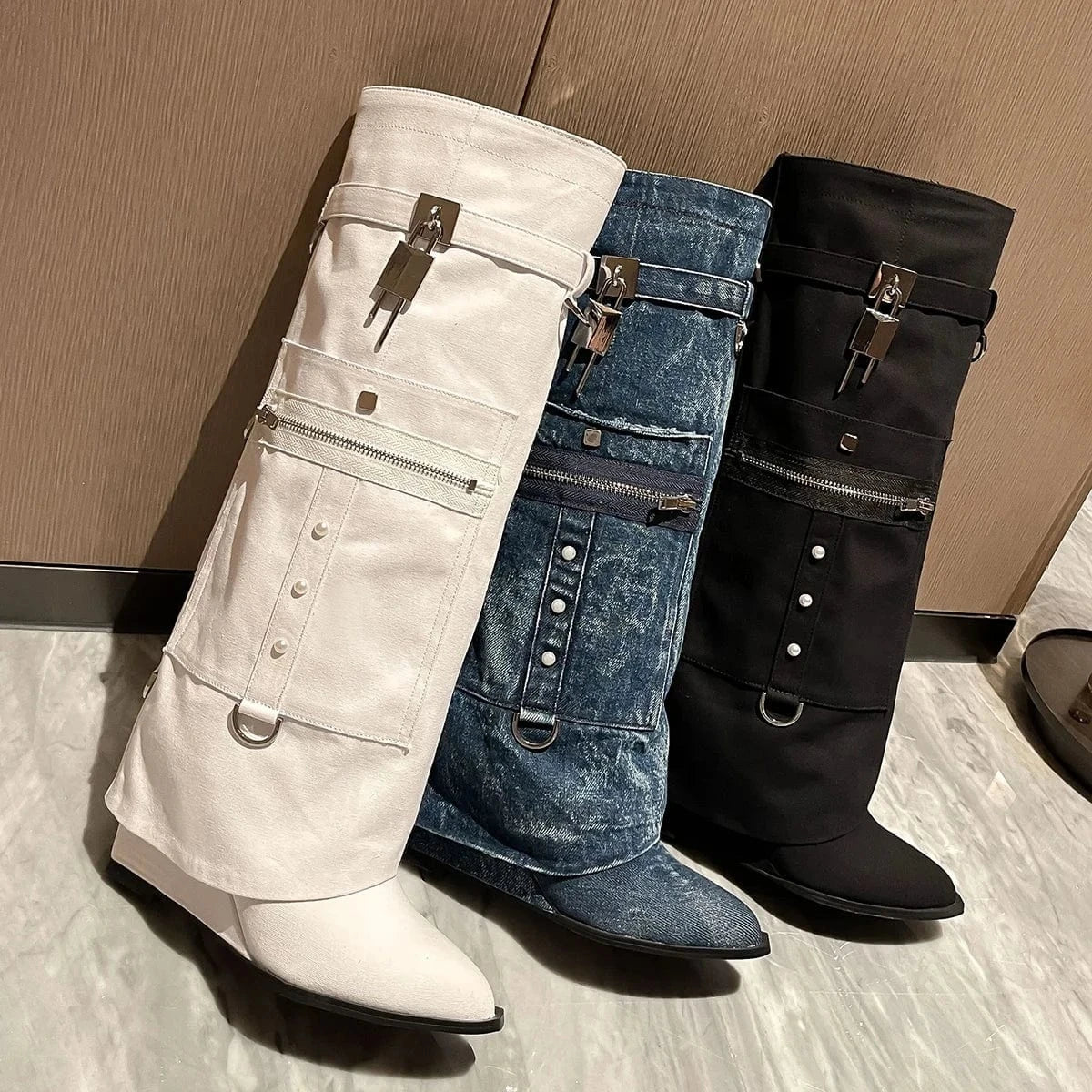 Denim Overlay Knee High Pockets Pants Boots Women Wedge Heels Shoes Folded Over Upper Pointed toe Metal Shark Lock Booties