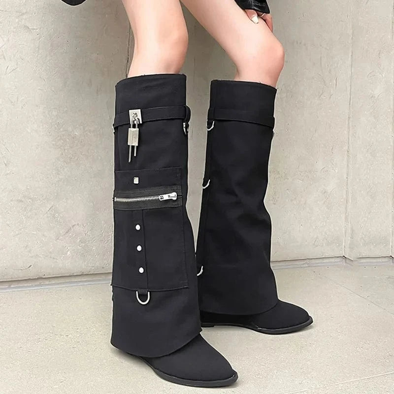 Denim Overlay Knee High Pockets Pants Boots Women Wedge Heels Shoes Folded Over Upper Pointed toe Metal Shark Lock Booties