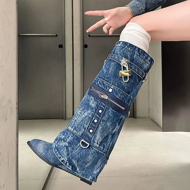 Denim Overlay Knee High Pockets Pants Boots Women Wedge Heels Shoes Folded Over Upper Pointed toe Metal Shark Lock Booties
