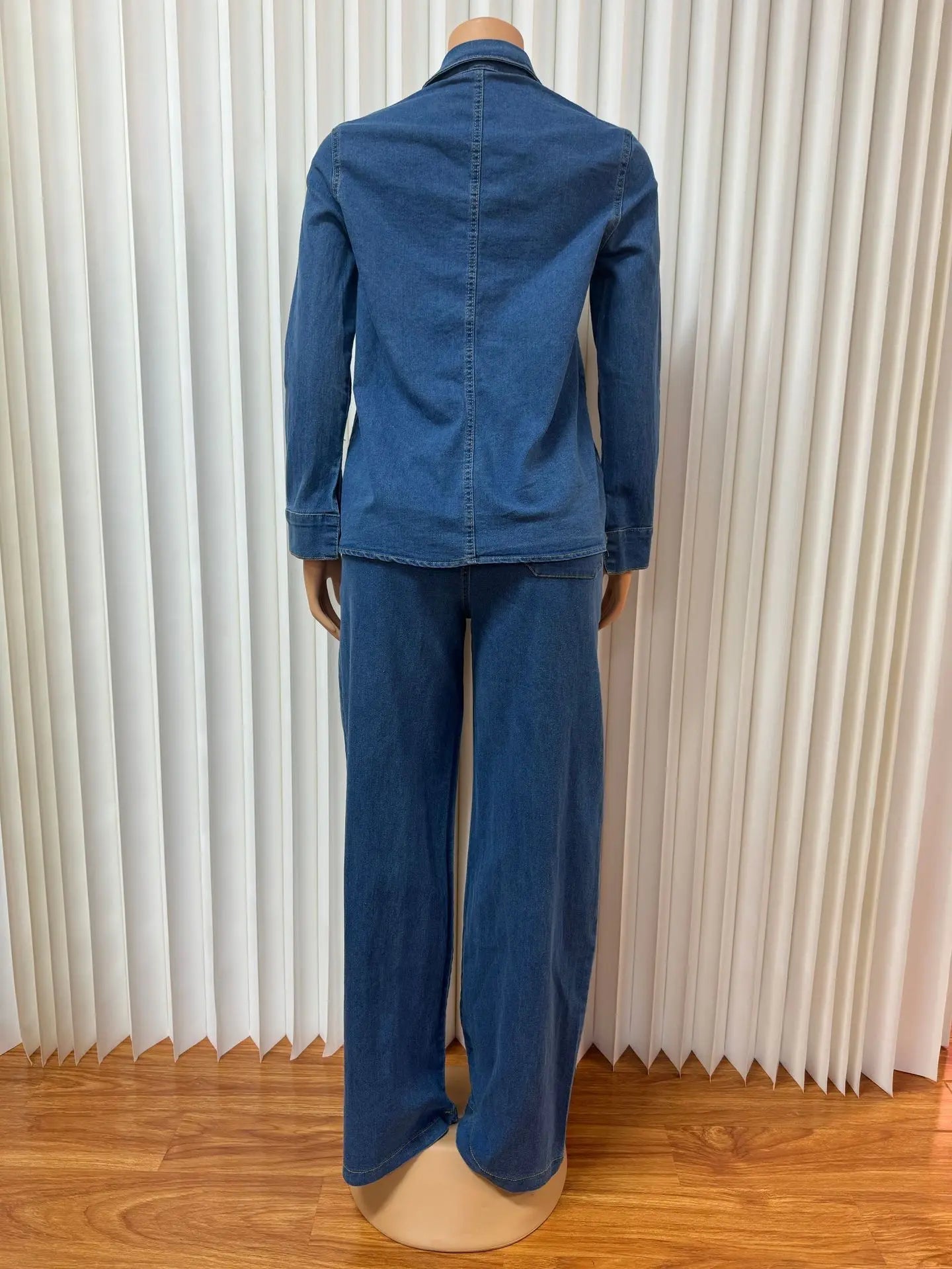 Denim Pant Set Two Piece Loose Shirt High Waist Wide Leg Comfortable Fit Casual Streetwear - SN Wigs & More