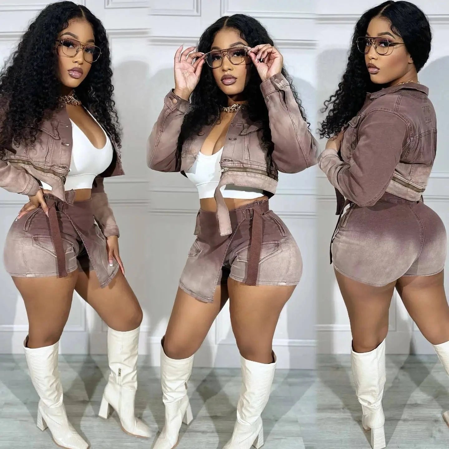 Denim Women Outfits Gradient Color Shorts 2 Piece Set Ladies Casual Jeans Clothing Button Two Pieces Set Women Set with Pockets