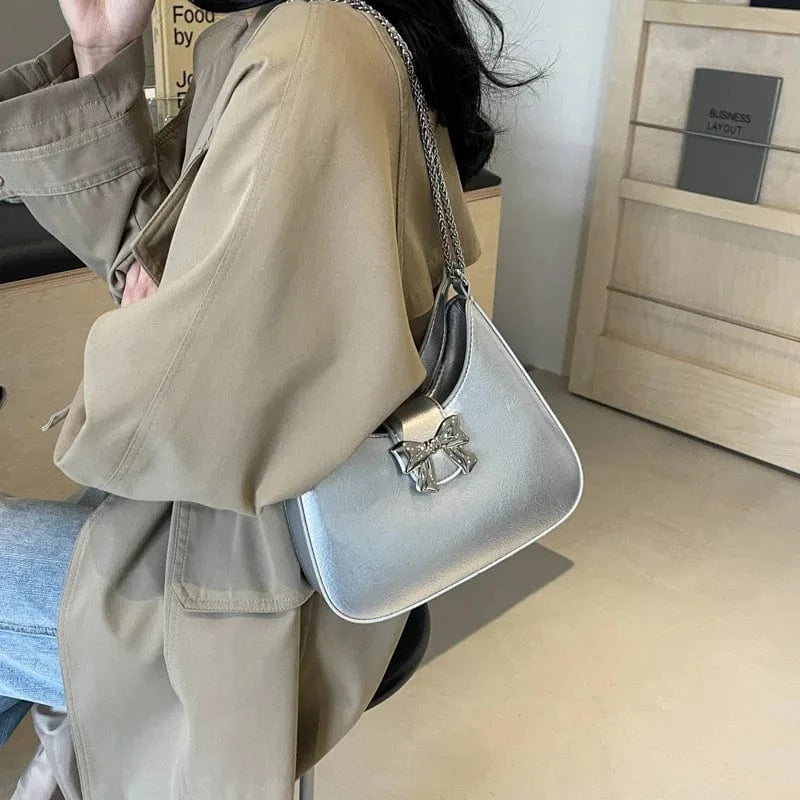 Design Small PU Leather Half-moon Shoulder Bags for Women 2024 Retro Vintage Female Underarm Bag Sweet Bow Handbags and Purses