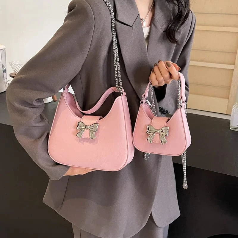 Design Small PU Leather Half-moon Shoulder Bags for Women 2024 Retro Vintage Female Underarm Bag Sweet Bow Handbags and Purses