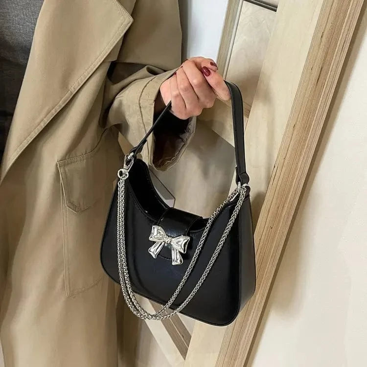 Design Small PU Leather Half-moon Shoulder Bags for Women 2024 Retro Vintage Female Underarm Bag Sweet Bow Handbags and Purses