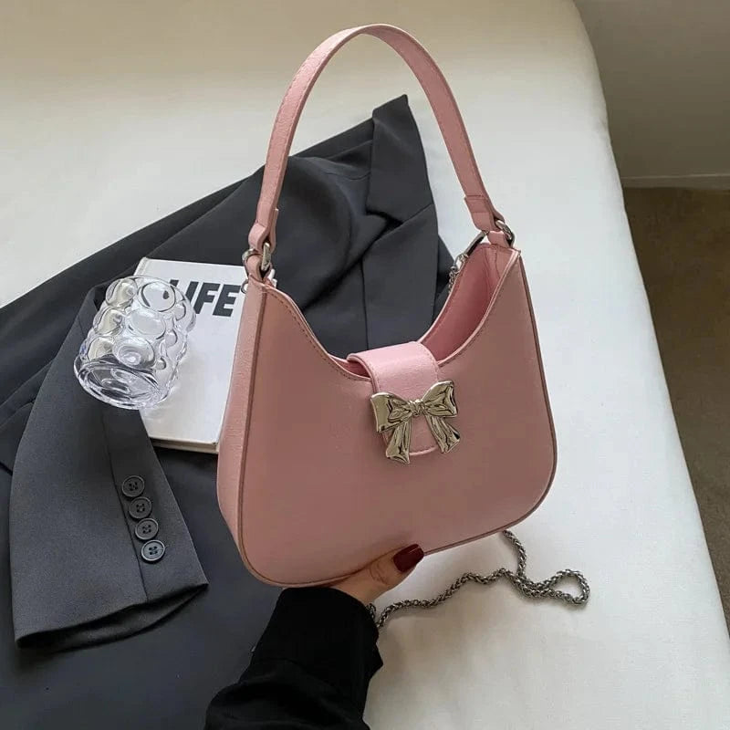 Design Small PU Leather Half-moon Shoulder Bags for Women 2024 Retro Vintage Female Underarm Bag Sweet Bow Handbags and Purses