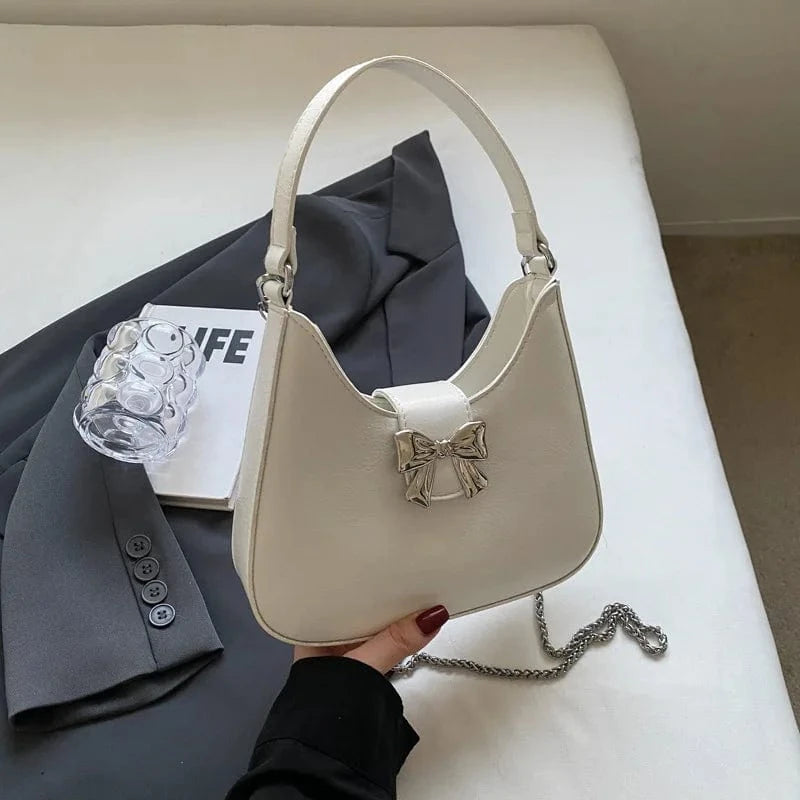 Design Small PU Leather Half-moon Shoulder Bags for Women 2024 Retro Vintage Female Underarm Bag Sweet Bow Handbags and Purses