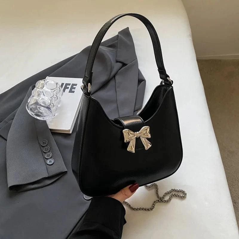 Design Small PU Leather Half-moon Shoulder Bags for Women 2024 Retro Vintage Female Underarm Bag Sweet Bow Handbags and Purses