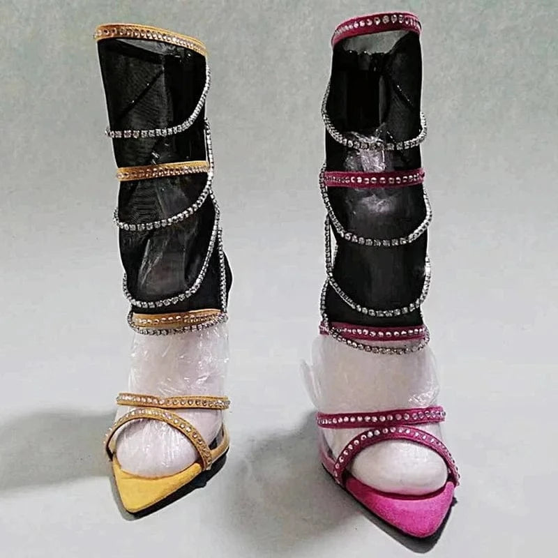 Designed Summer Mesh Upper High Heels Women Cut Out Sandals Shiny Diamonds Short Ankle Boots Soft Suede Pumps