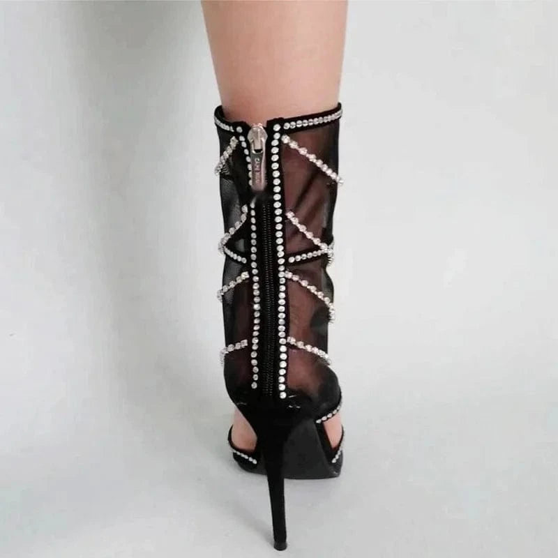 Designed Summer Mesh Upper High Heels Women Cut Out Sandals Shiny Diamonds Short Ankle Boots Soft Suede Pumps