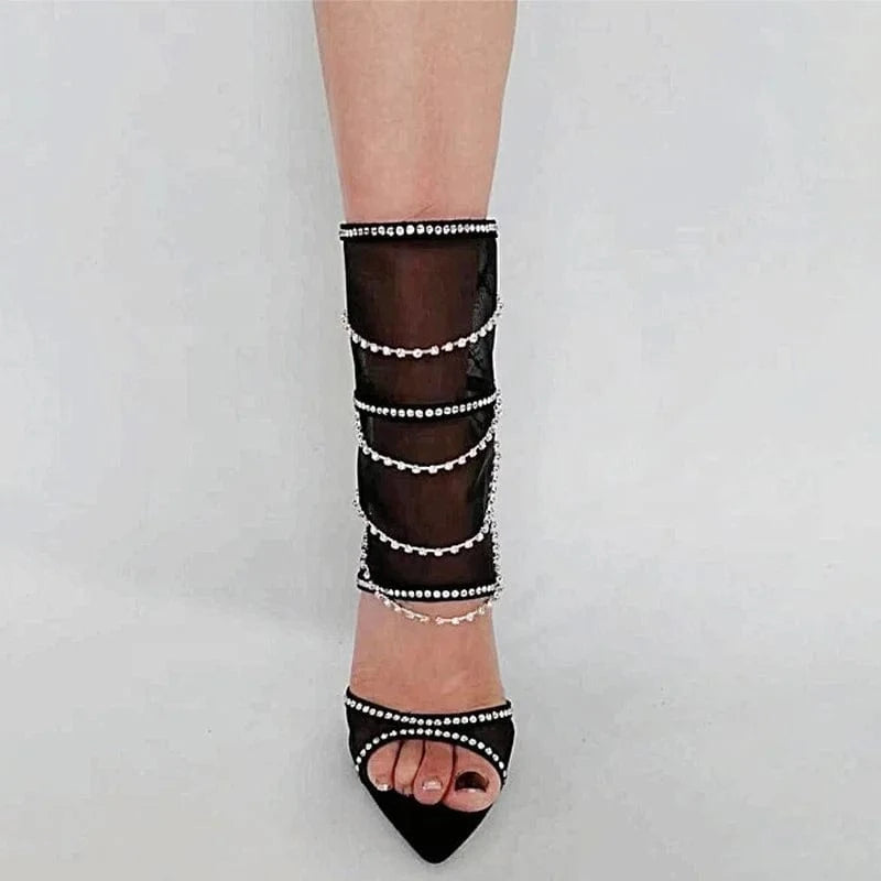 Designed Summer Mesh Upper High Heels Women Cut Out Sandals Shiny Diamonds Short Ankle Boots Soft Suede Pumps