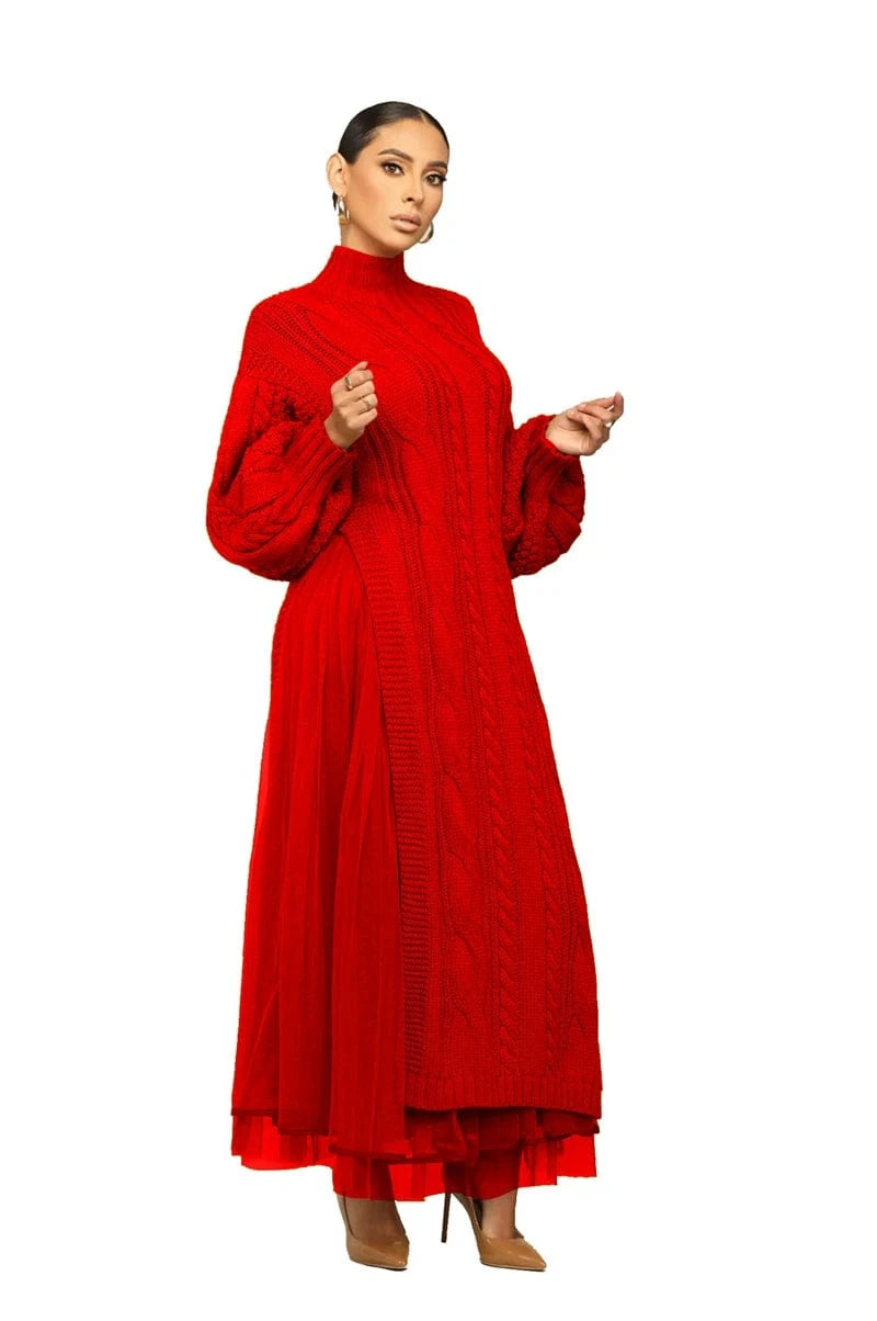 designer fitted gauze patchwork long sleeve high neck ribbed draped sweater maxi dress woman 2024 new arrival clothing for women