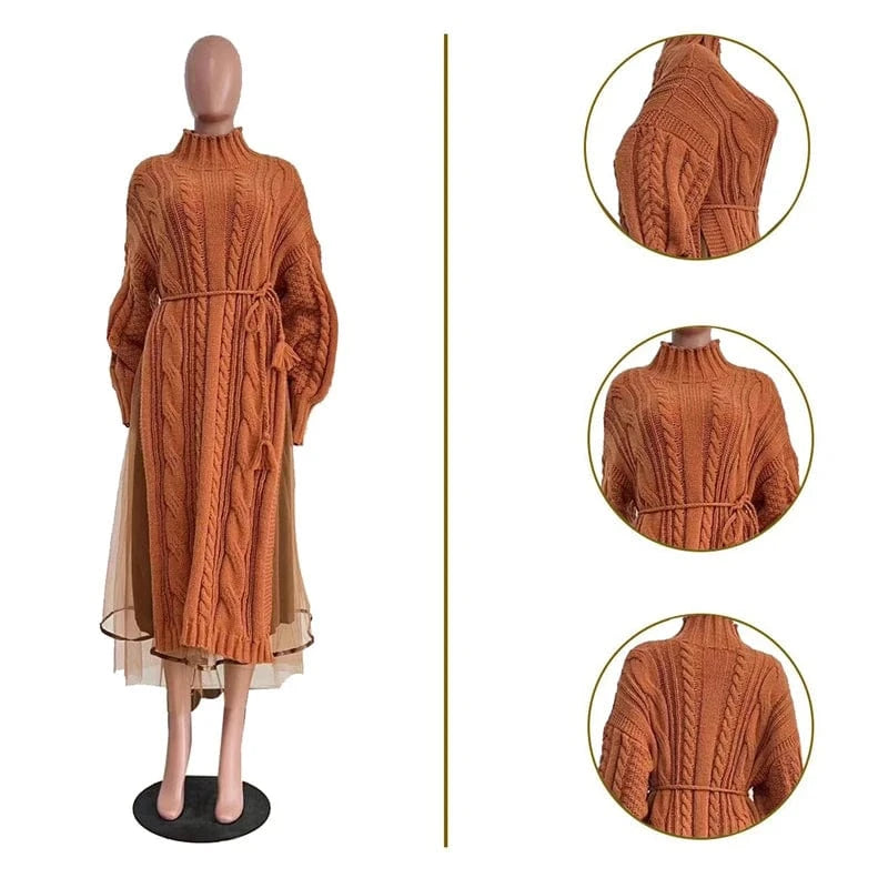 designer fitted gauze patchwork long sleeve high neck ribbed draped sweater maxi dress woman 2024 new arrival clothing for women