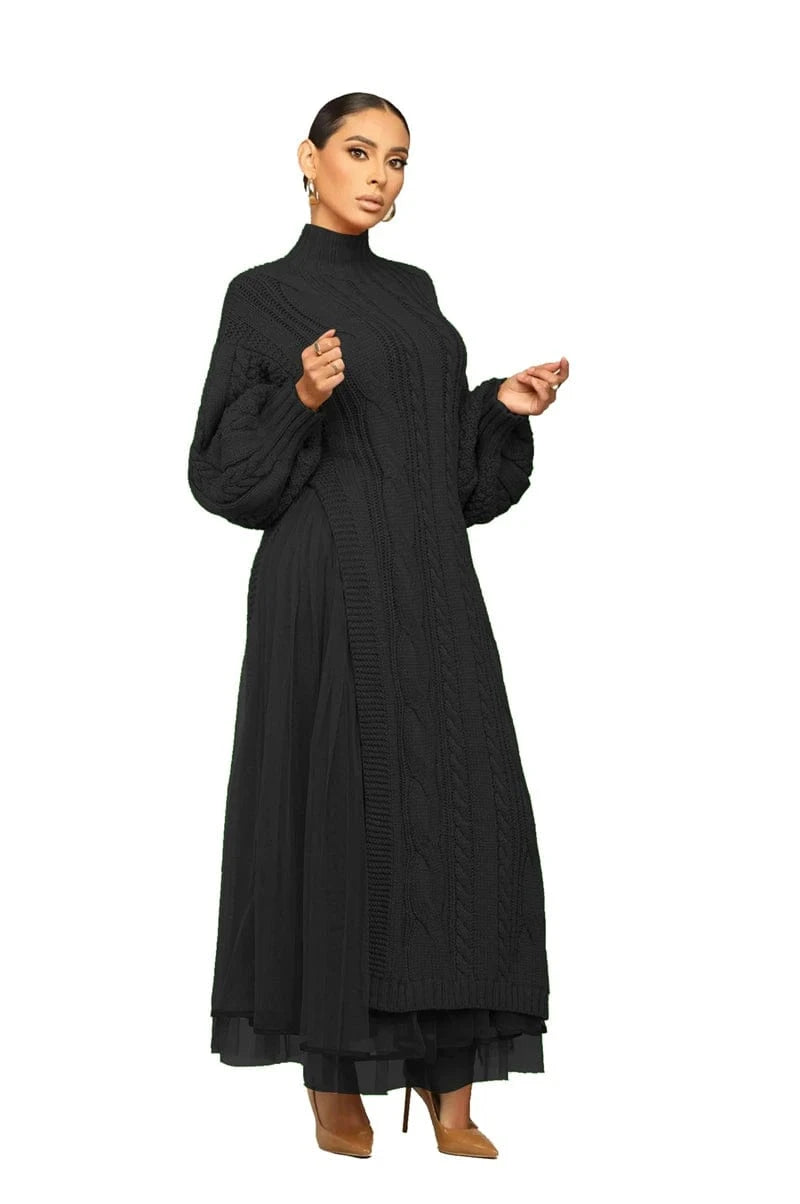 designer fitted gauze patchwork long sleeve high neck ribbed draped sweater maxi dress woman 2024 new arrival clothing for women