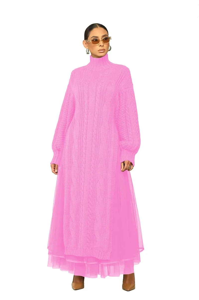 designer fitted gauze patchwork long sleeve high neck ribbed draped sweater maxi dress woman 2024 new arrival clothing for women