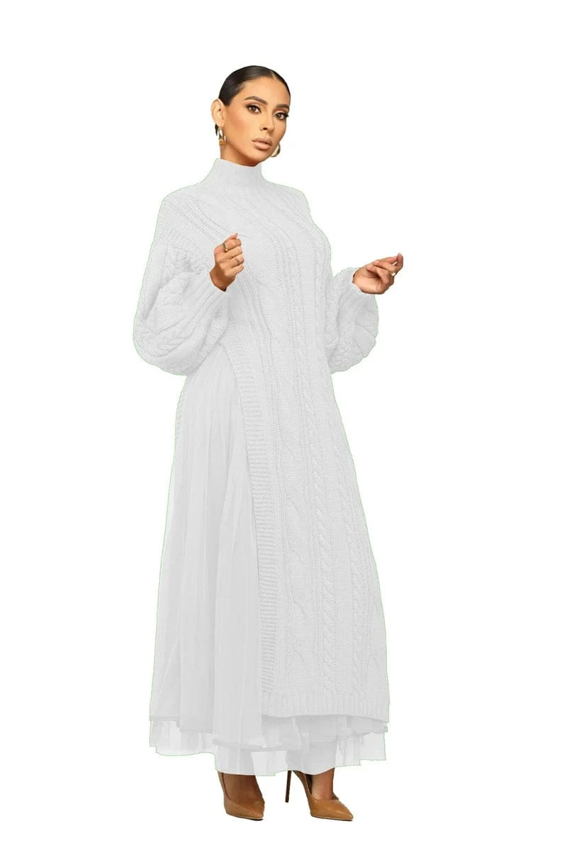 designer fitted gauze patchwork long sleeve high neck ribbed draped sweater maxi dress woman 2024 new arrival clothing for women