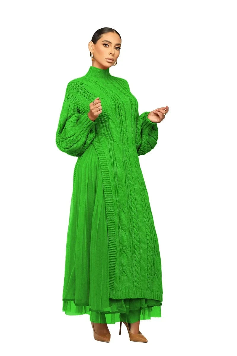 designer fitted gauze patchwork long sleeve high neck ribbed draped sweater maxi dress woman 2024 new arrival clothing for women