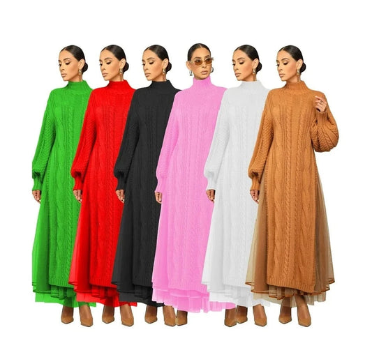 designer fitted gauze patchwork long sleeve high neck ribbed draped sweater maxi dress woman 2024 new arrival clothing for women