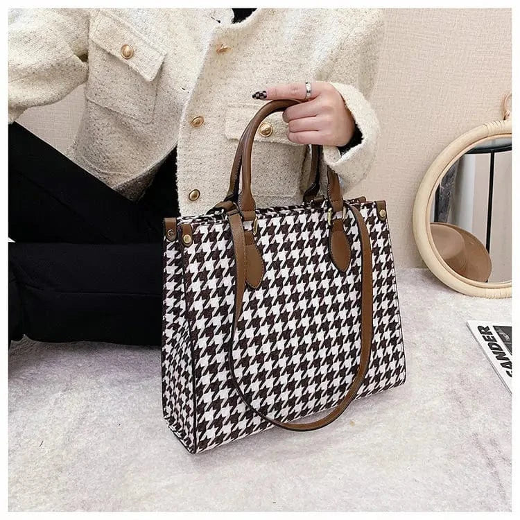Designer Hot Sale 2024 Customized Retro Houndstooth Large Tote Bag Fashion Leather Handbag Shoulder Bag for Women