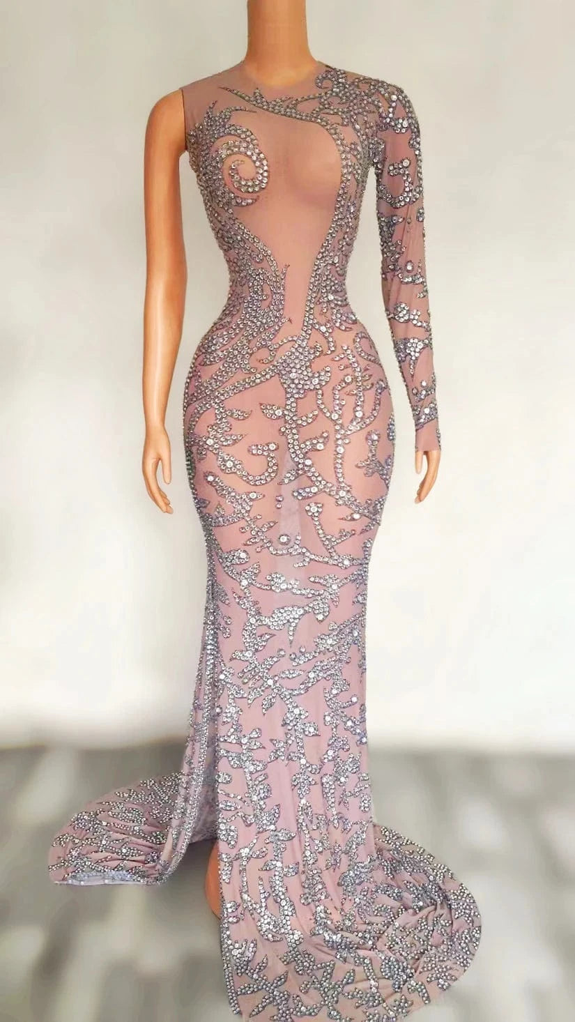 Designer One Shoulder Bodycon Rhinestone Wedding Ball Gowns For Women High Slit Mermaid Long Prom Dress Formal Evening Dresses