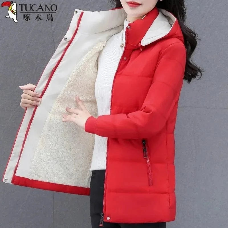 Detachable Hooded Parka Windproof jacket Female's winter jacket plush and Thickened High-End Women's Short Cotton Coat Patchwork