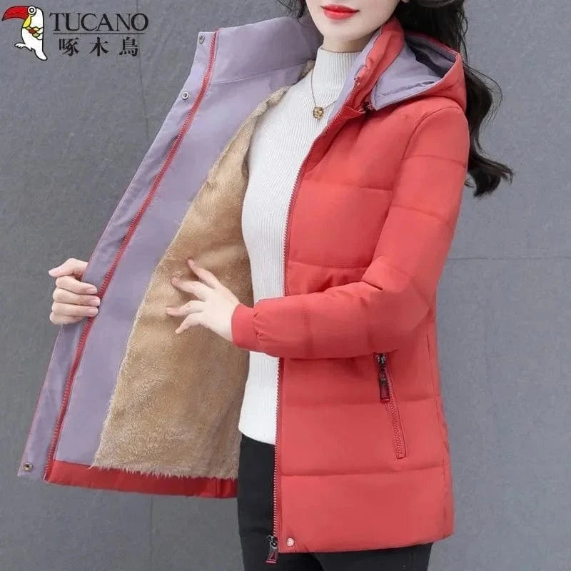 Detachable Hooded Parka Windproof jacket Female's winter jacket plush and Thickened High-End Women's Short Cotton Coat Patchwork