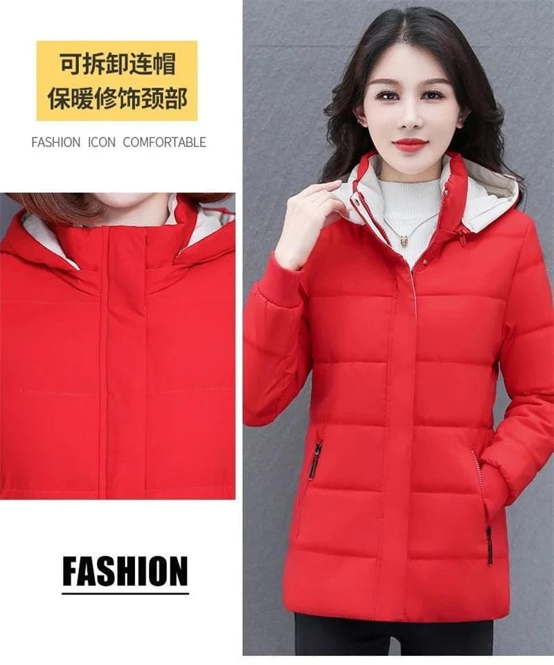 Detachable Hooded Parka Windproof jacket Female's winter jacket plush and Thickened High-End Women's Short Cotton Coat Patchwork